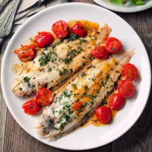Ryba ze smażonymi pomidorkami cherry