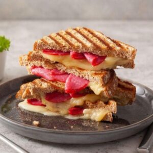 Tost z salami, chedarem, porem i majonezem